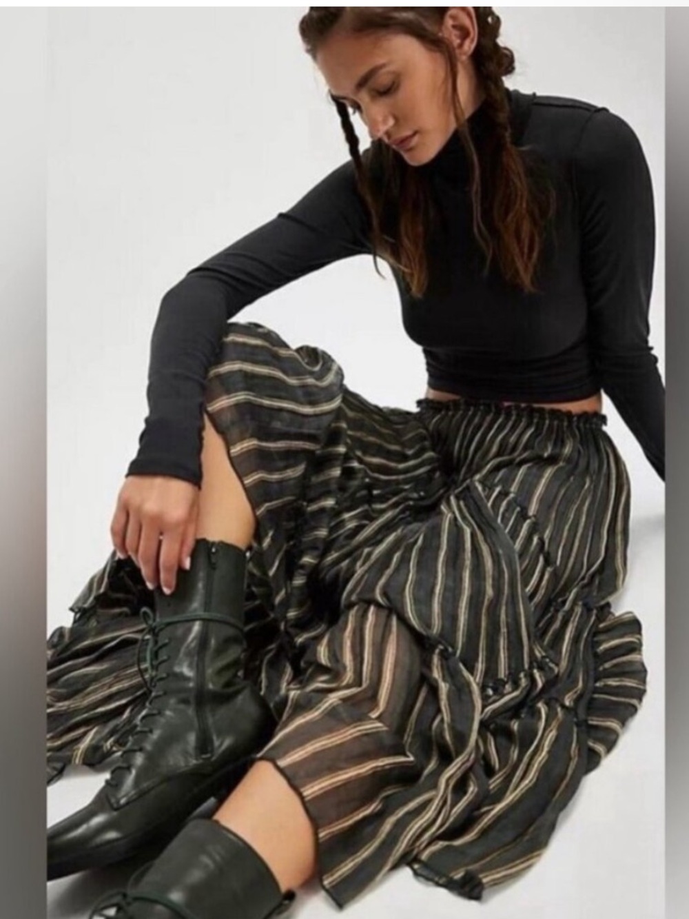 Free People One Ember Striped Lined Printed Midi Skirt Size Small NWT